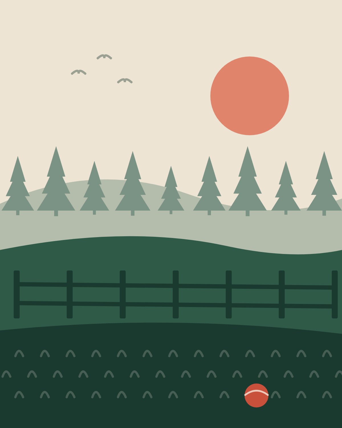 Illustration of the five-acre field at golden hour, with a fence line and a row of firs