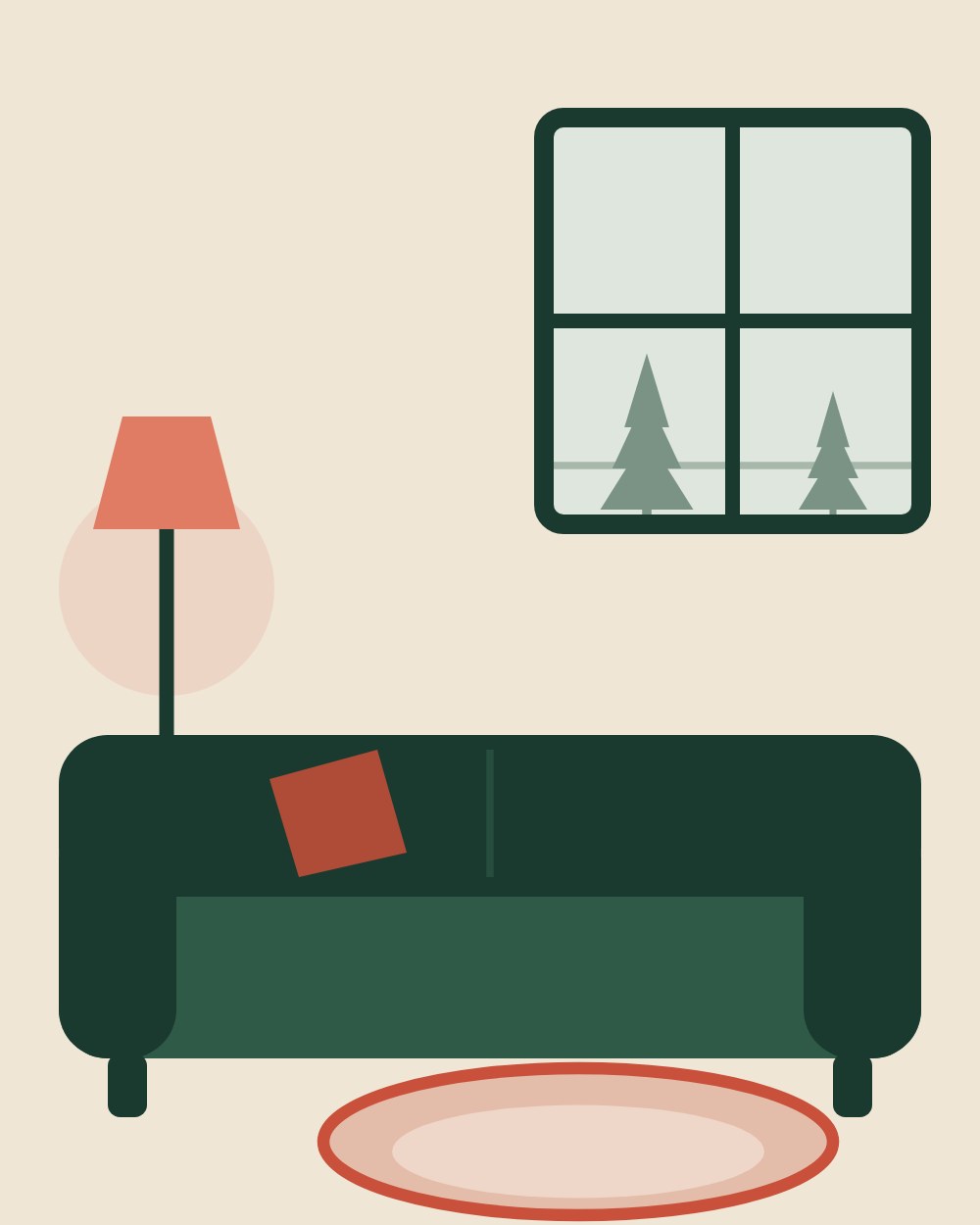 Illustration of the living room in the evening, with a dog bed on the floor